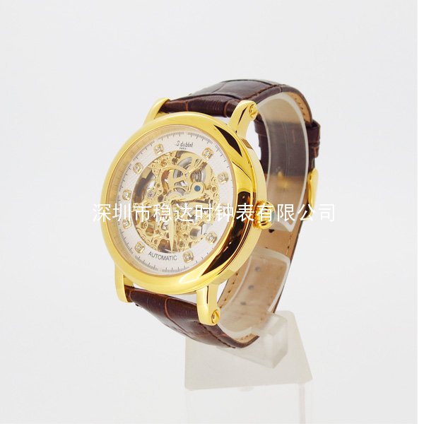 穩(wěn)達時高端大氣不銹鋼殼真皮表帶鏤空機械手表批發(fā)工廠